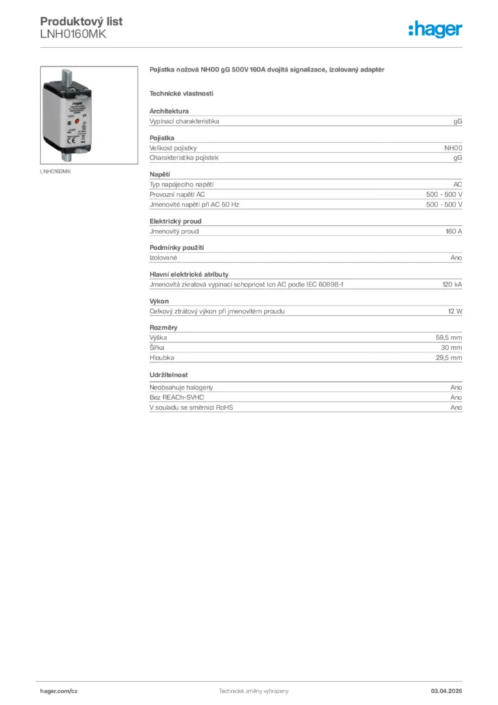 Obrázek Hager Product data sheet LNH0160MK | Hager
