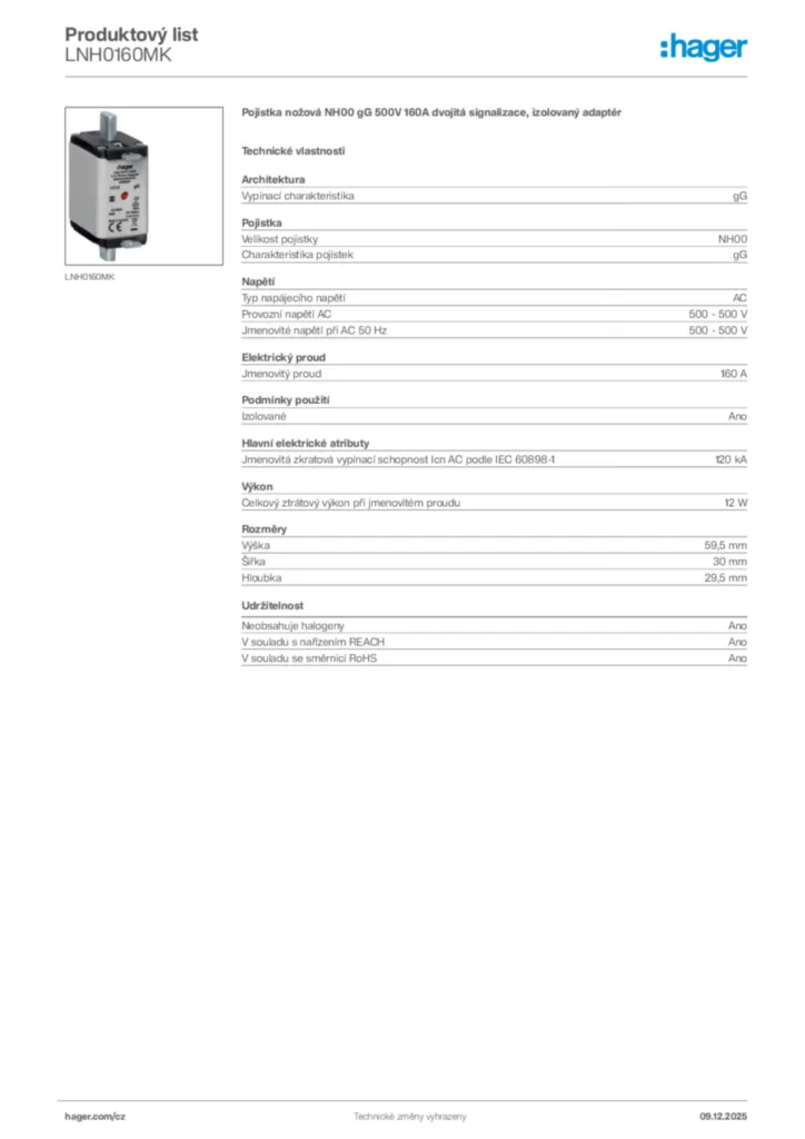 Obrázek Hager Product data sheet LNH0160MK | Hager