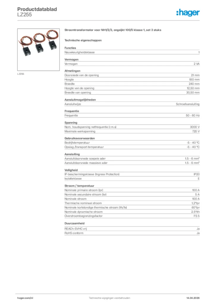 Afbeelding Hager Productdatablad LZ255 | Hager Nederland