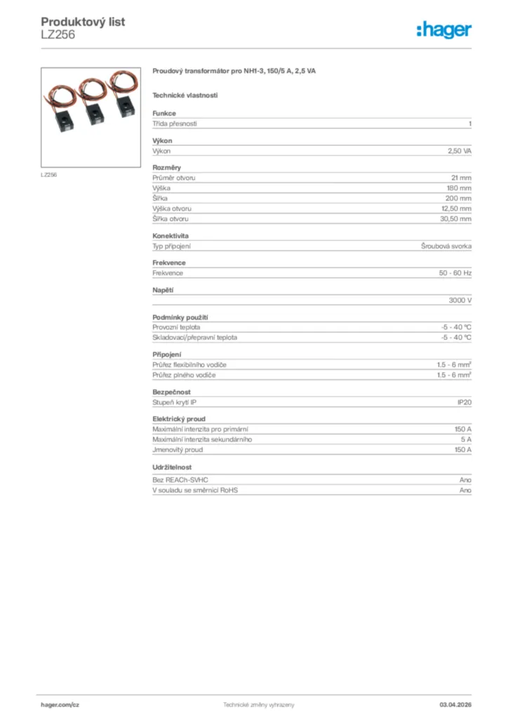 Obrázek Hager Product data sheet LZ256 | Hager