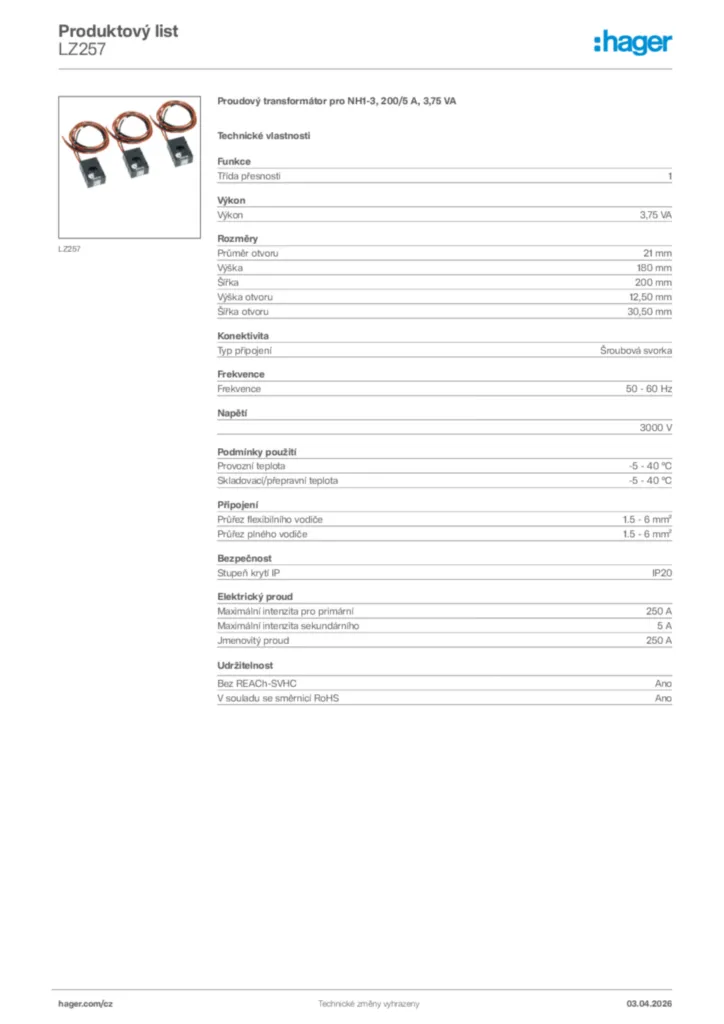 Obrázek Hager Product data sheet LZ257 | Hager