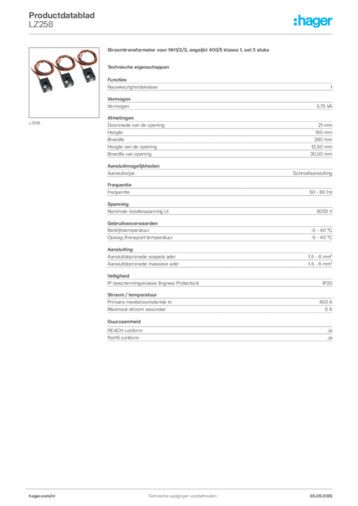 Afbeelding Hager Productdatablad LZ258 | Hager Nederland