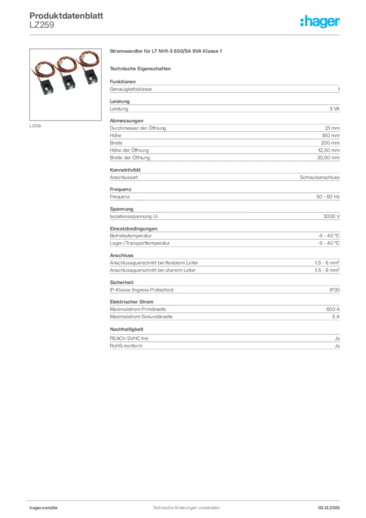 Bild Hager Produktdatenblatt LZ259 | Hager Deutschland