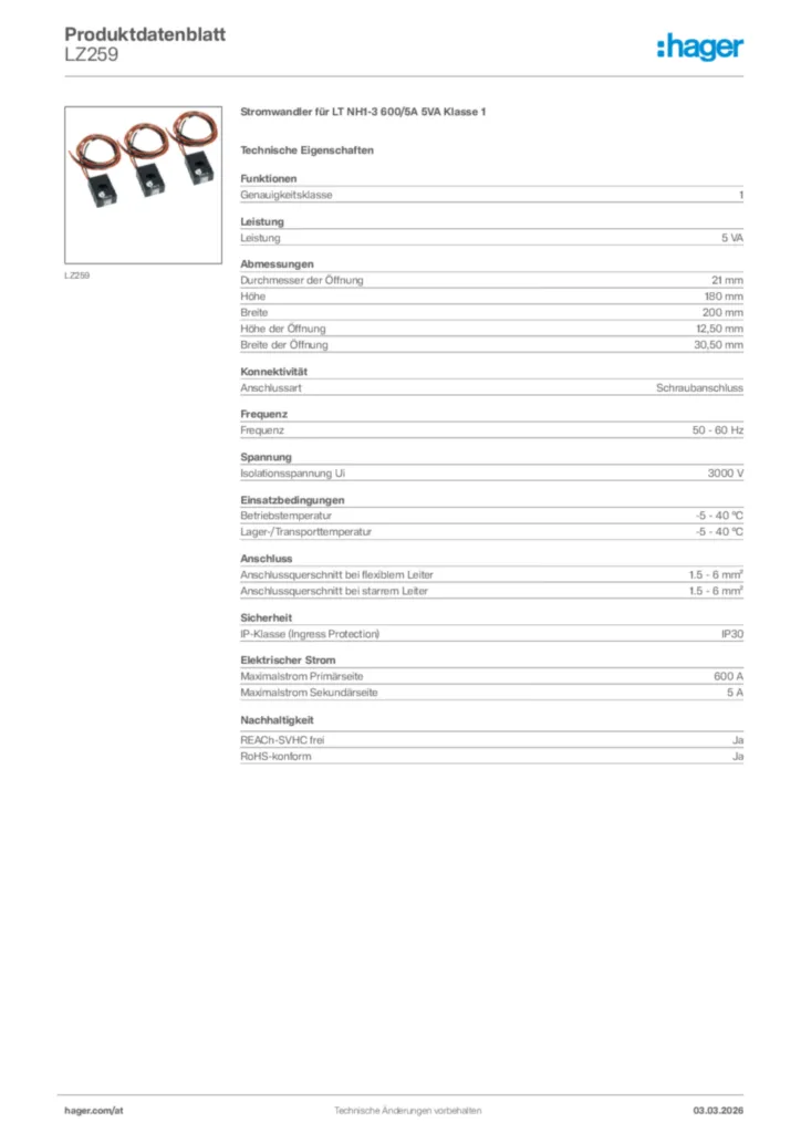 Bild Hager Produktdatenblatt LZ259 | Hager Deutschland
