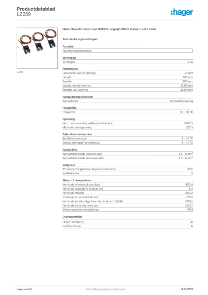 Afbeelding Hager Productdatablad LZ259 | Hager Nederland
