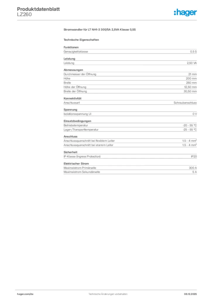 Bild Hager Produktdatenblatt LZ260 | Hager Deutschland