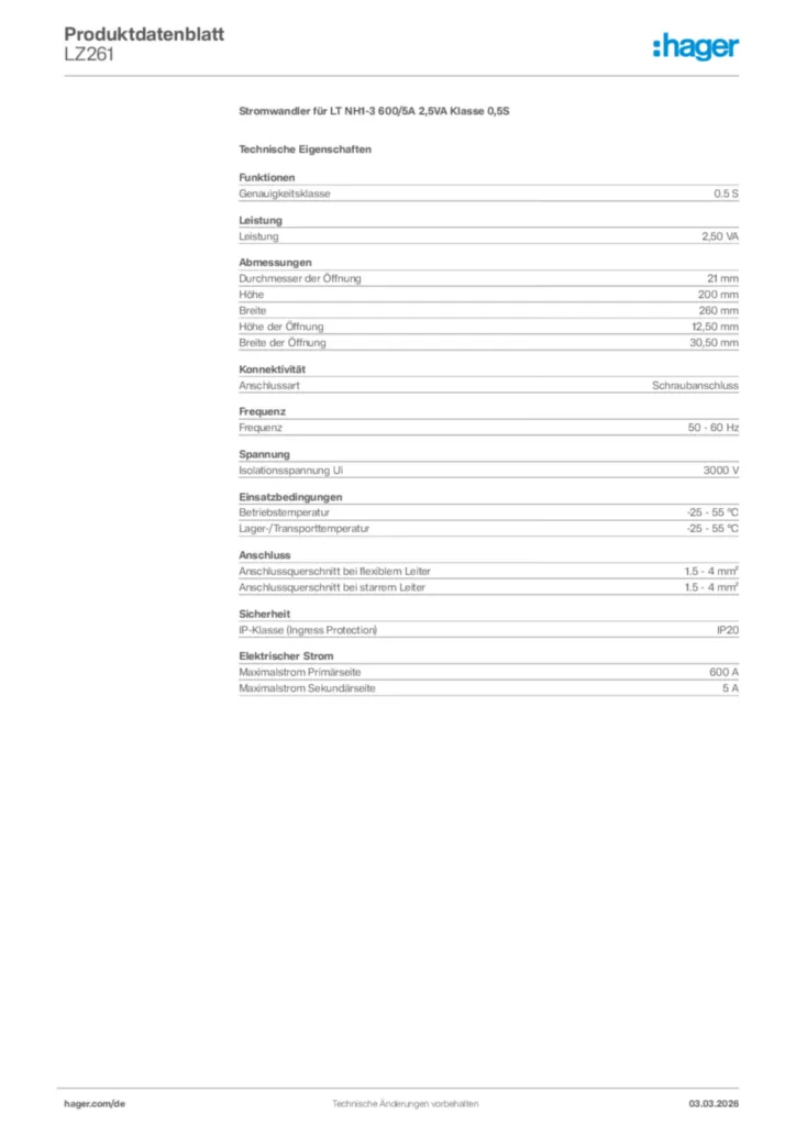 Bild Hager Produktdatenblatt LZ261 | Hager Deutschland
