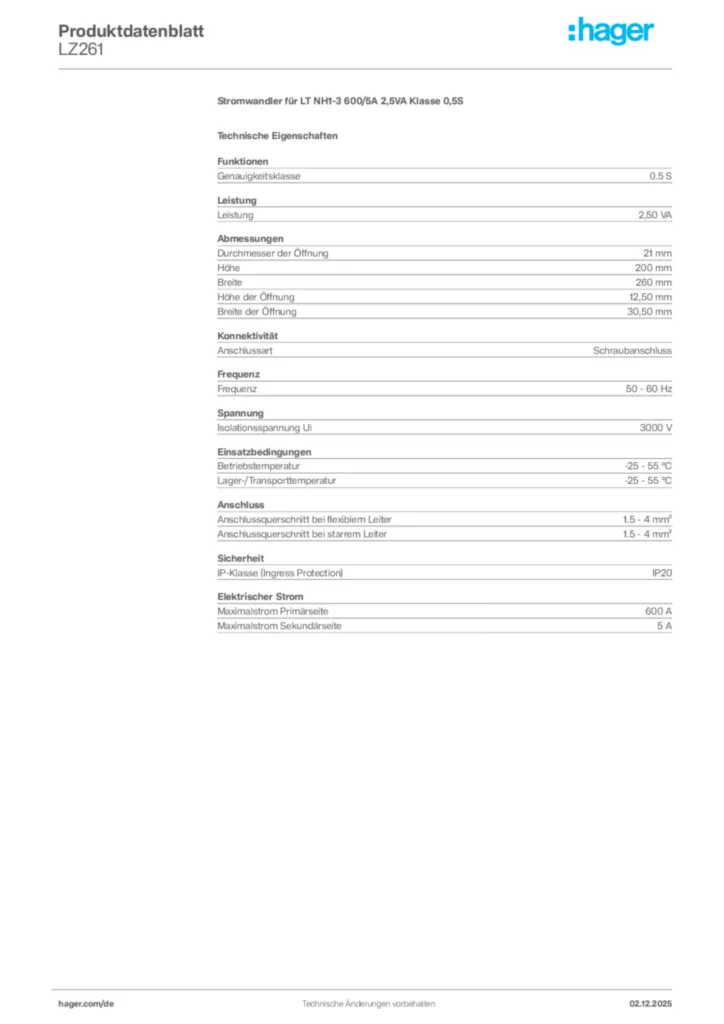 Bild Hager Produktdatenblatt LZ261 | Hager Deutschland