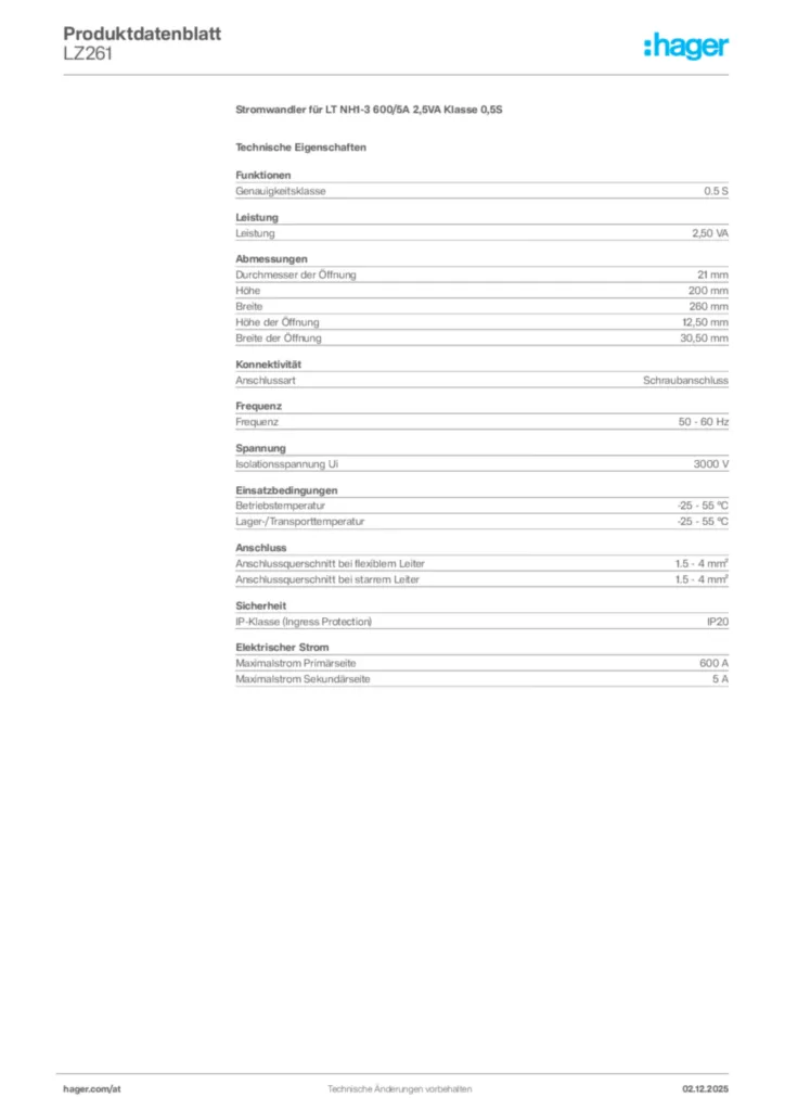 Bild Hager Produktdatenblatt LZ261 | Hager Deutschland
