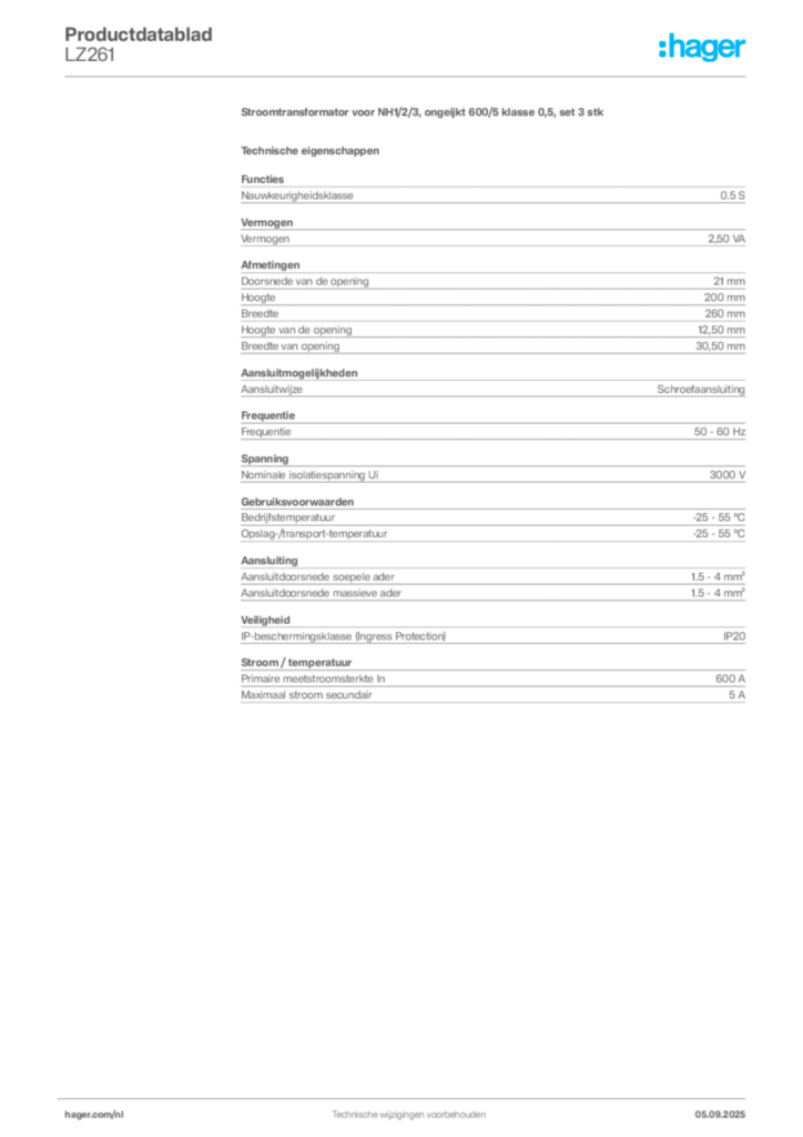 Afbeelding Hager Productdatablad LZ261 | Hager Nederland