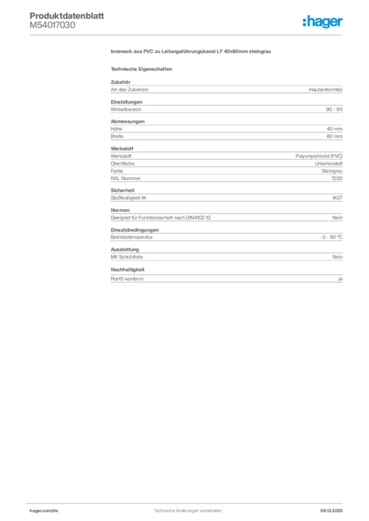 Bild Hager Produktdatenblatt M54017030 | Hager Deutschland