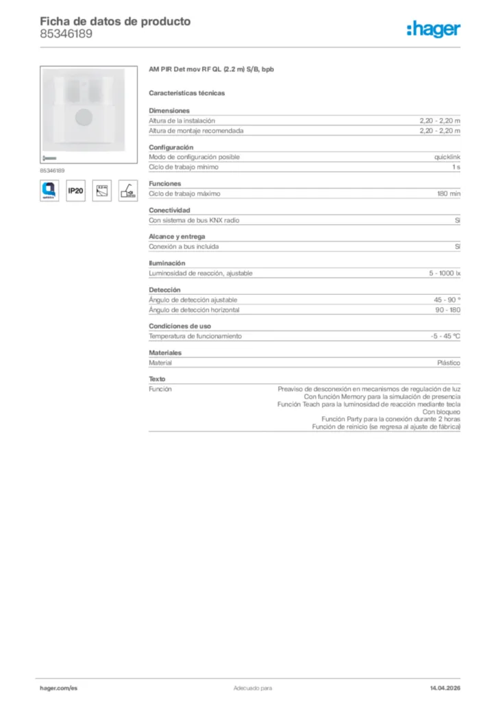 Imagen Hager Ficha de datos de producto 85346189 | Hager España