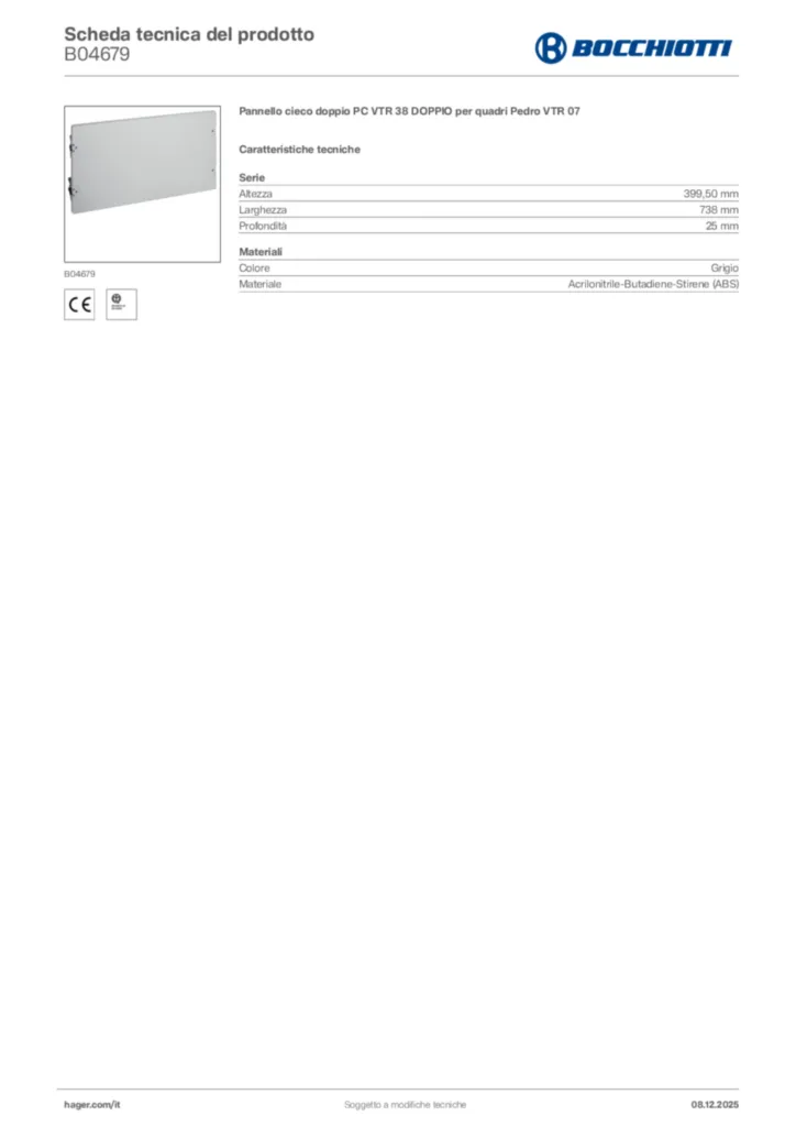 Immagine Bocchiotti Scheda tecnica del prodotto B04679 | Hager Italia