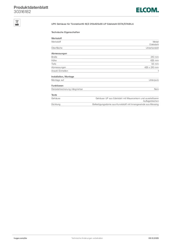 Bild Elcom Produktdatenblatt 30316182 | Hager Deutschland