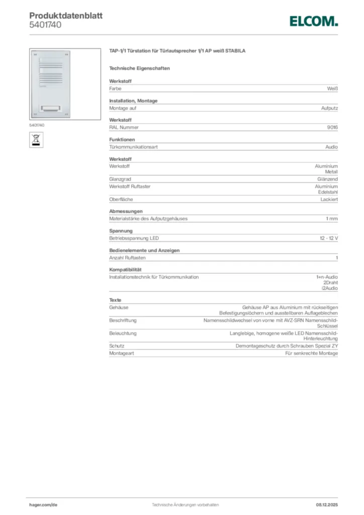 Bild Elcom Produktdatenblatt 5401740 | Hager Deutschland