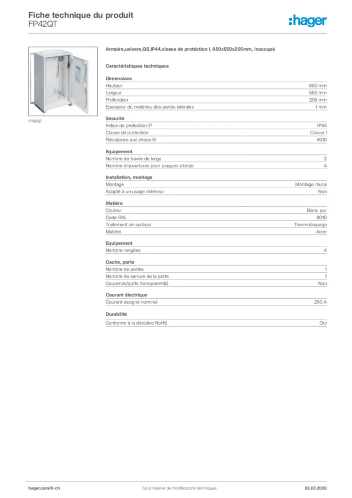 Image Hager Fiche technique du produit FP42QT | Hager Suisse