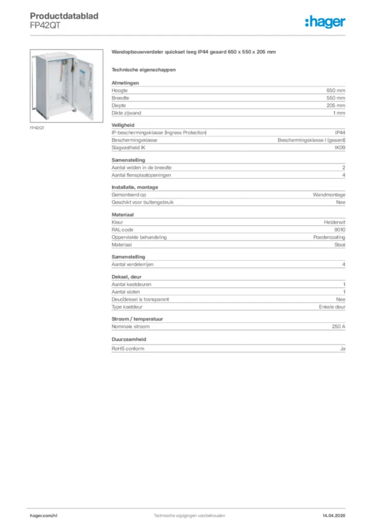 Afbeelding Hager Productdatablad FP42QT | Hager Nederland