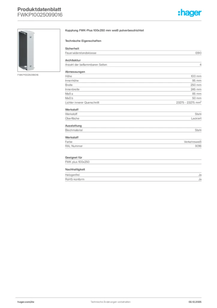 Bild Hager Produktdatenblatt FWKP10025099016 | Hager Deutschland