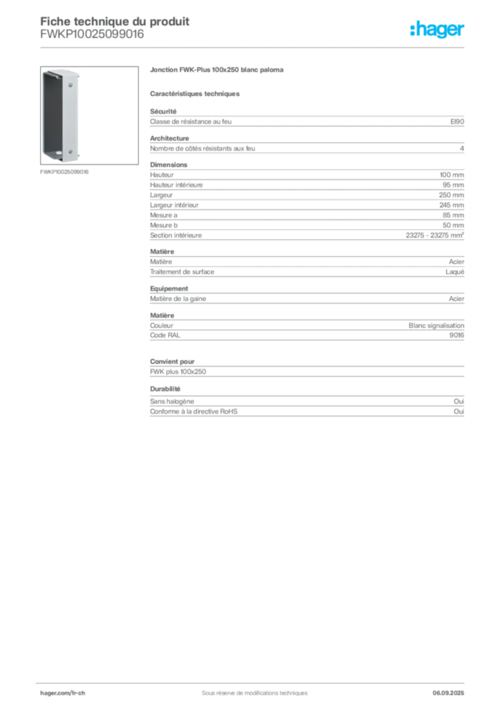Image Hager Fiche technique du produit FWKP10025099016 | Hager Suisse