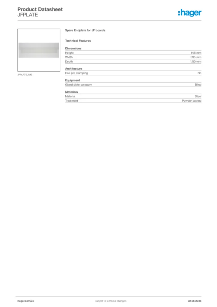 Image Hager Product data sheet JFPLATE  | Hager