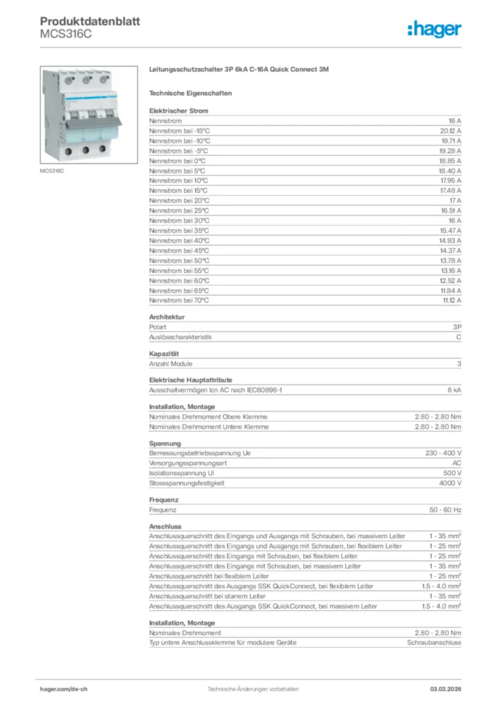 Bild Hager Produktdatenblatt MCS316C | Hager Schweiz