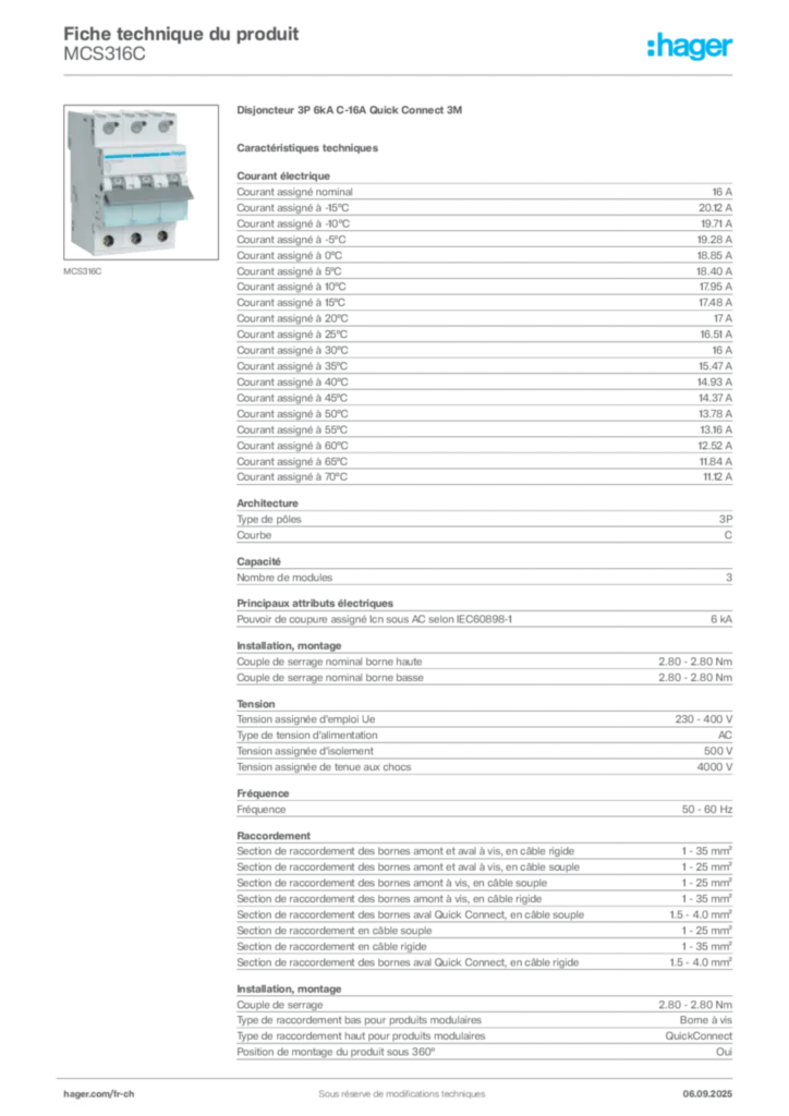 Image Hager Fiche technique du produit MCS316C | Hager Suisse