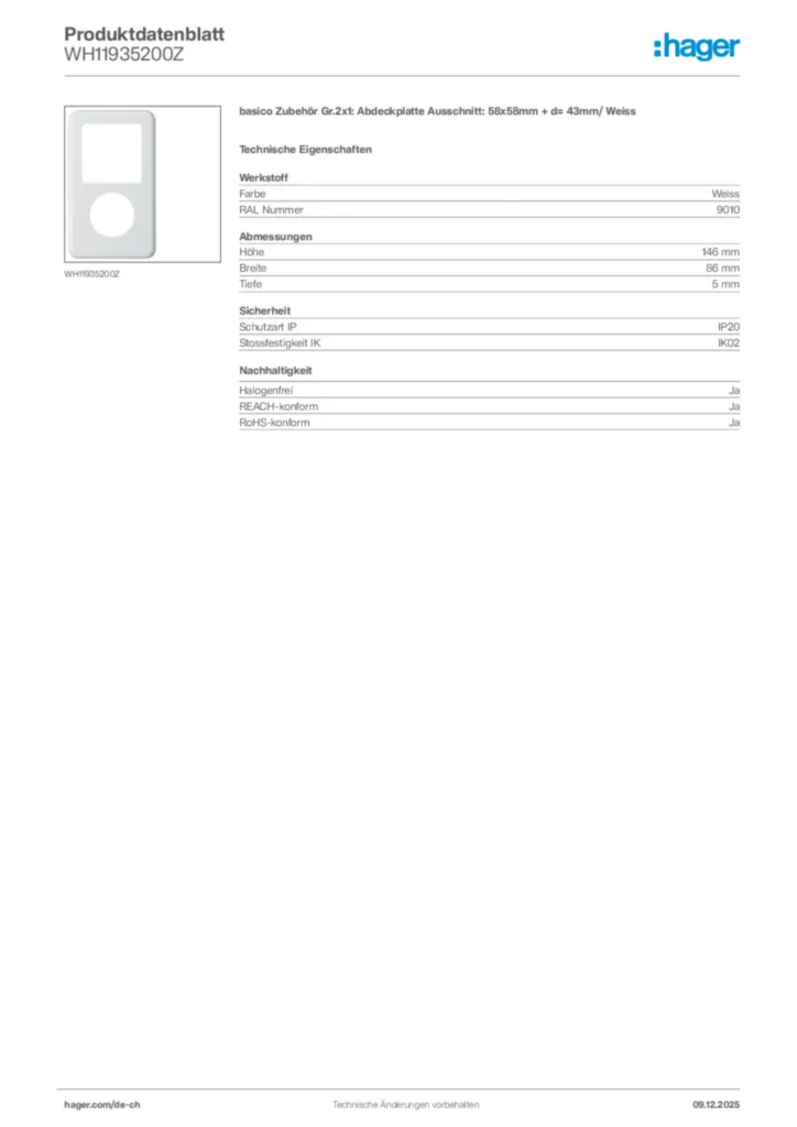 Bild Hager Produktdatenblatt WH11935200Z | Hager Schweiz