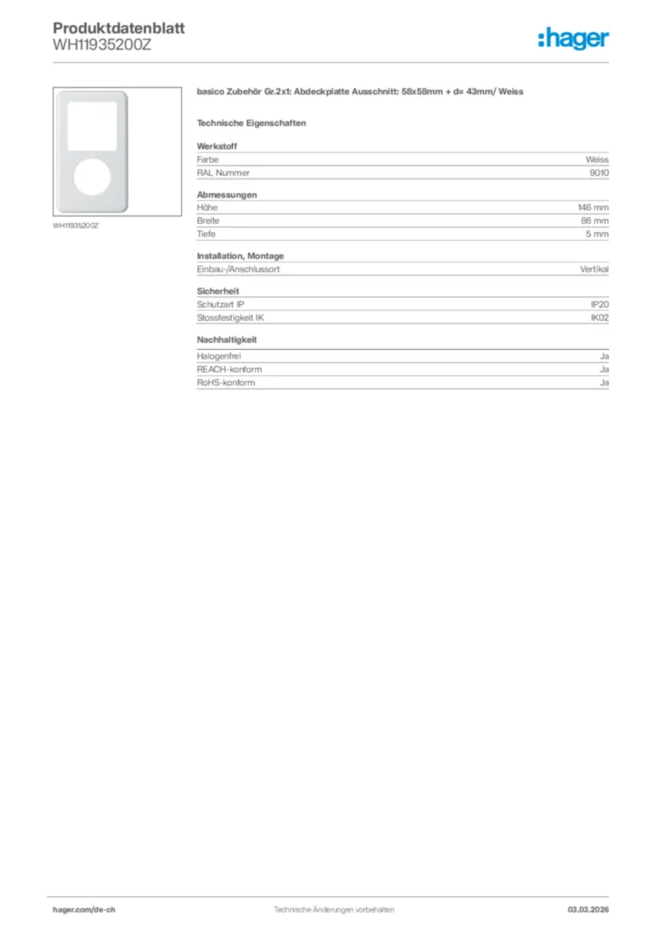 Bild Hager Produktdatenblatt WH11935200Z | Hager Schweiz