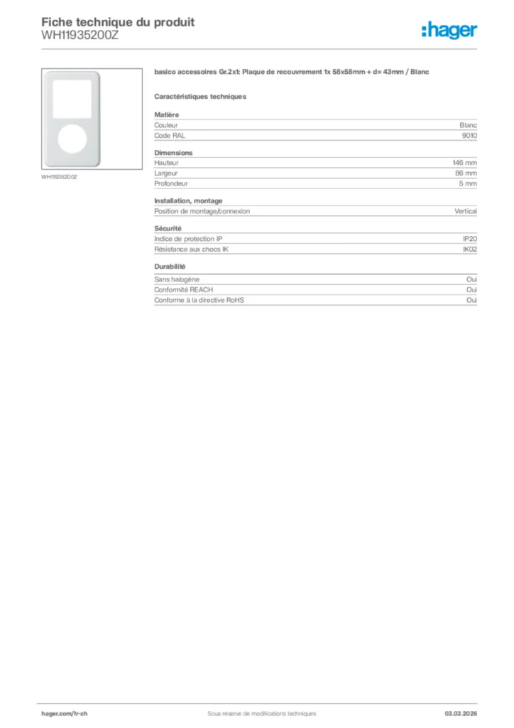 Image Hager Fiche technique du produit WH11935200Z | Hager Suisse