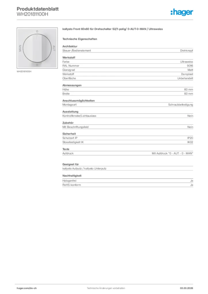 Bild Hager Produktdatenblatt WH20181100H | Hager Schweiz