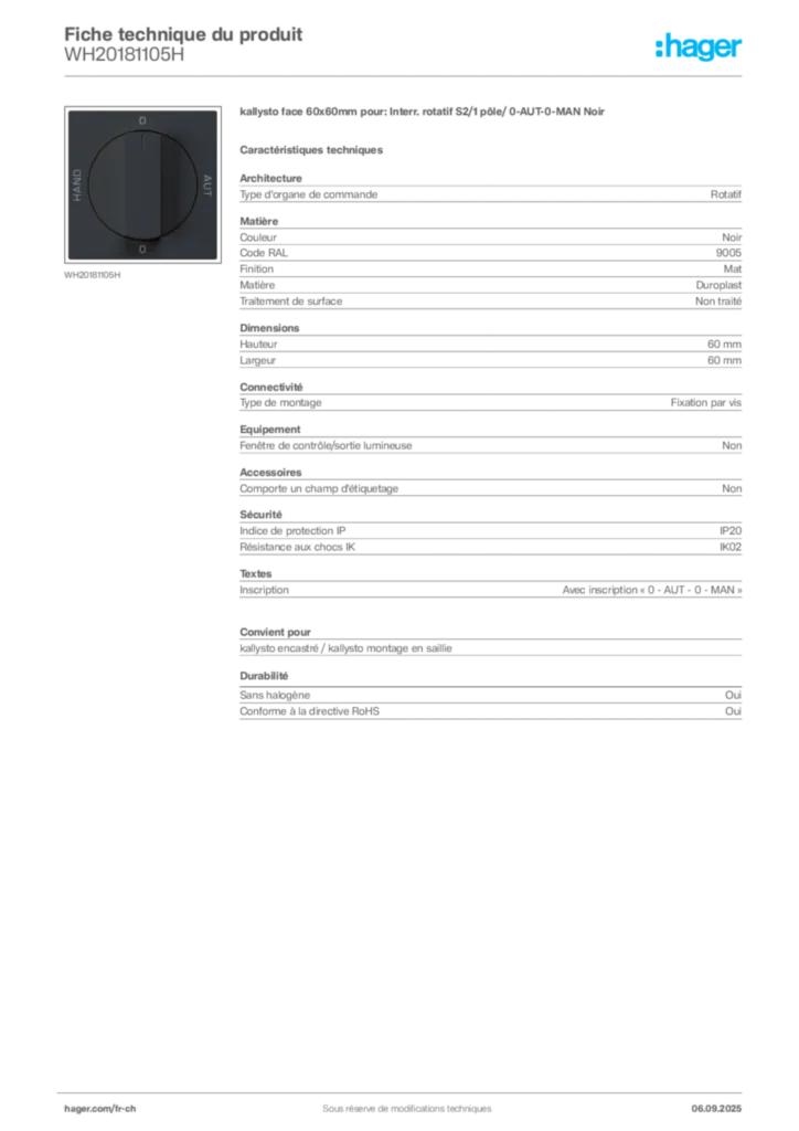 Image Hager Fiche technique du produit WH20181105H | Hager Suisse