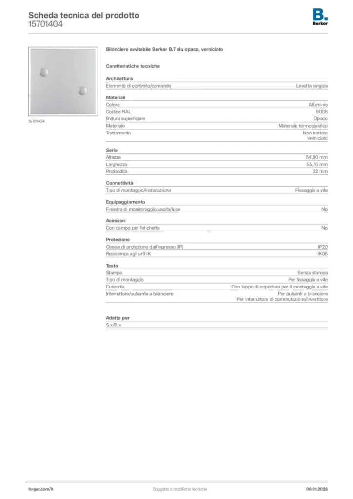 Immagine Berker Scheda tecnica del prodotto 15701404 | Hager Italia