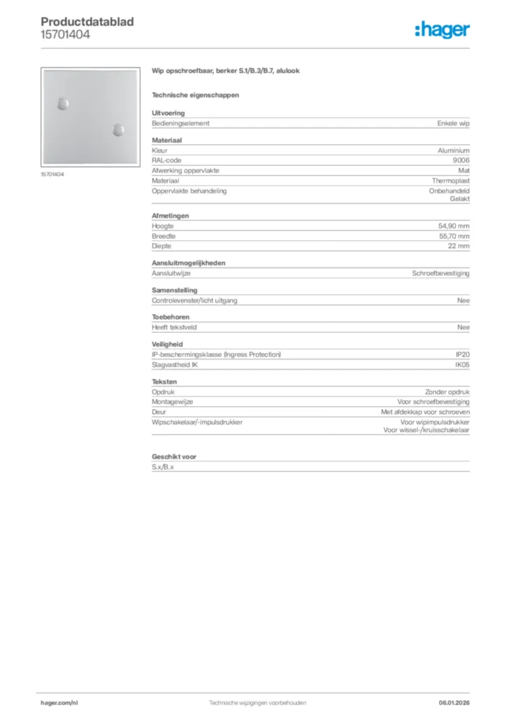 Afbeelding Hager Productdatablad 15701404 | Hager Nederland