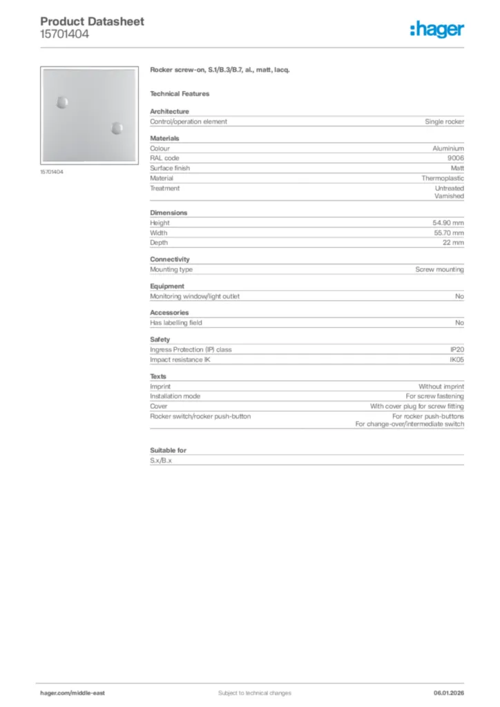Image Hager Product data sheet 15701404  | Hager