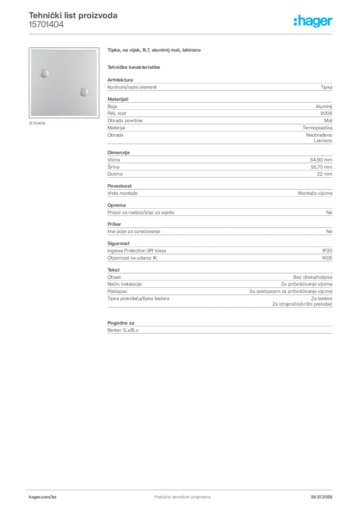 Slika Hager Product data sheet 15701404  | Hager