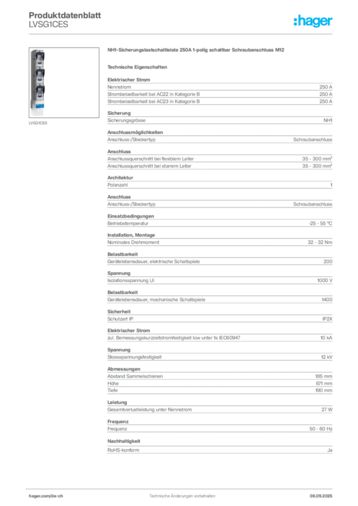 Bild Hager Produktdatenblatt LVSG1CES | Hager Schweiz