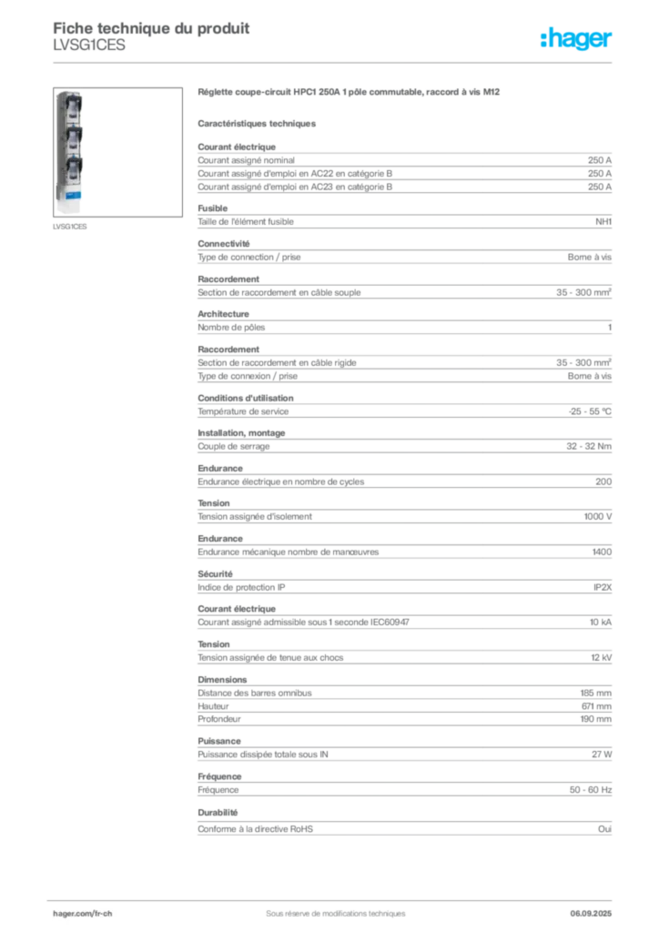 Image Hager Fiche technique du produit LVSG1CES | Hager Suisse