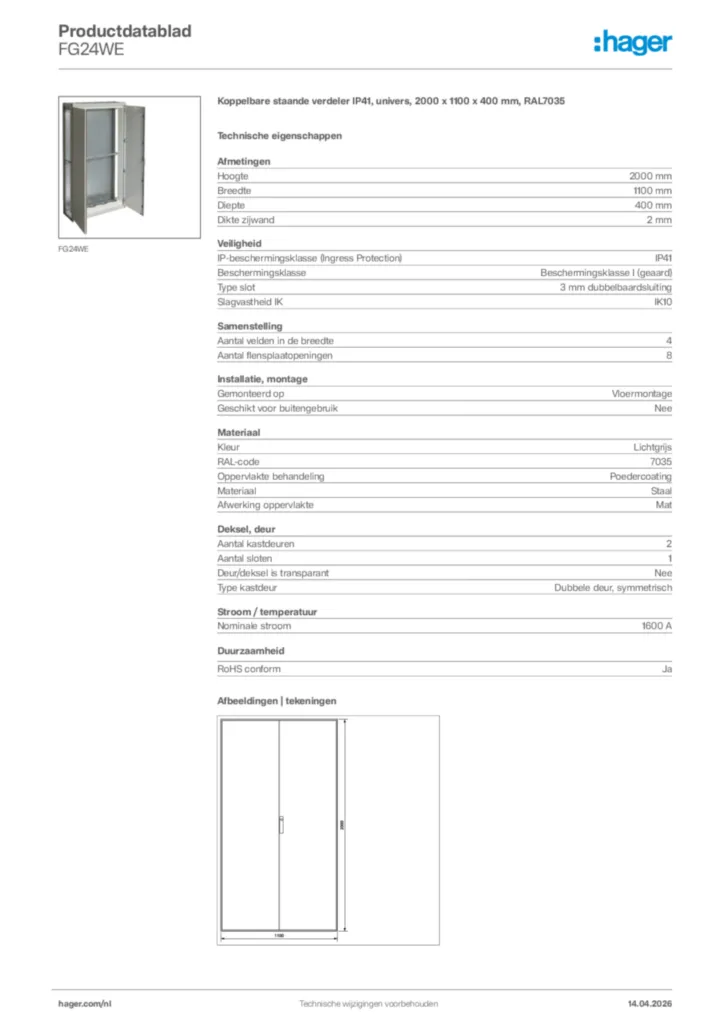 Afbeelding Hager Productdatablad FG24WE | Hager Nederland