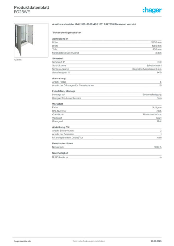 Bild Hager Produktdatenblatt FG25WE | Hager Schweiz