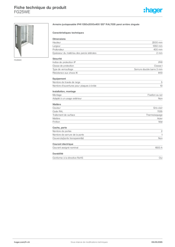 Image Hager Fiche technique du produit FG25WE | Hager Suisse