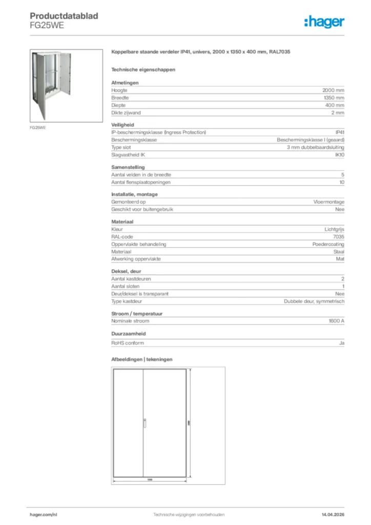 Afbeelding Hager Productdatablad FG25WE | Hager Nederland