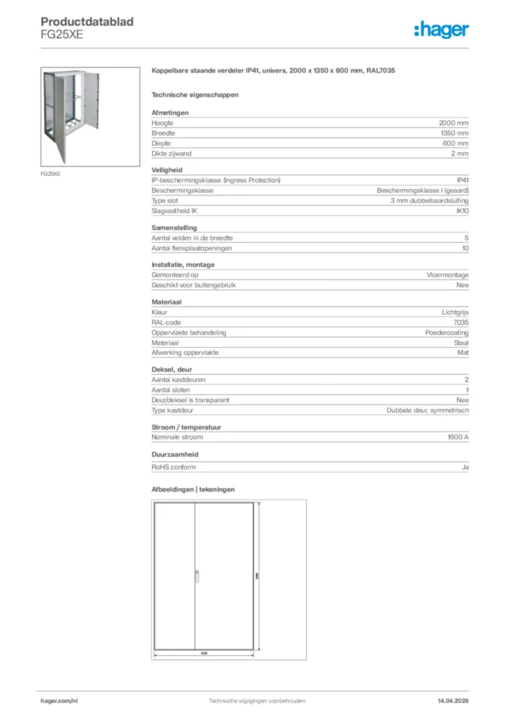 Afbeelding Hager Productdatablad FG25XE | Hager Nederland