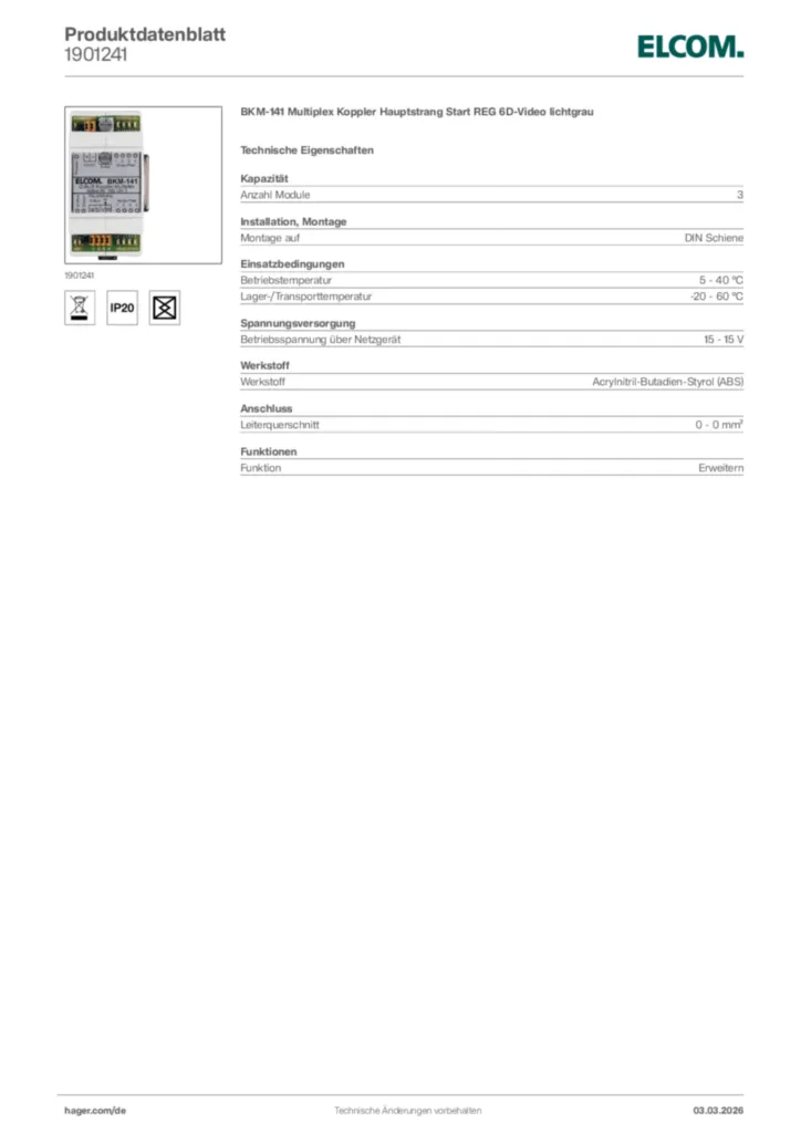Bild Elcom Produktdatenblatt 1901241 | Hager Deutschland