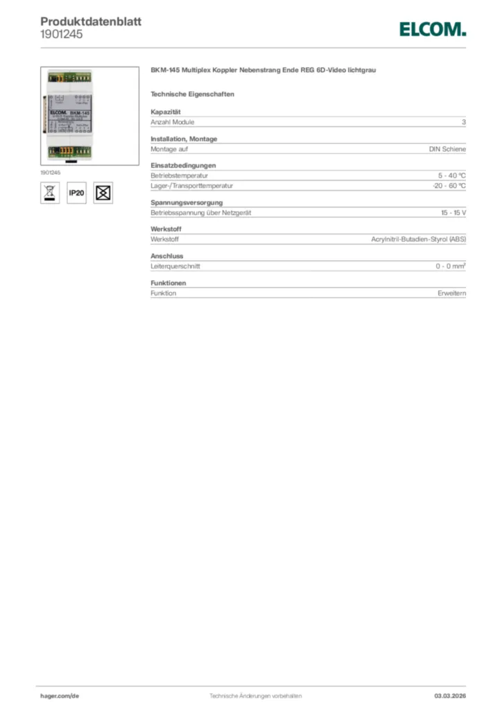 Bild Elcom Produktdatenblatt 1901245 | Hager Deutschland
