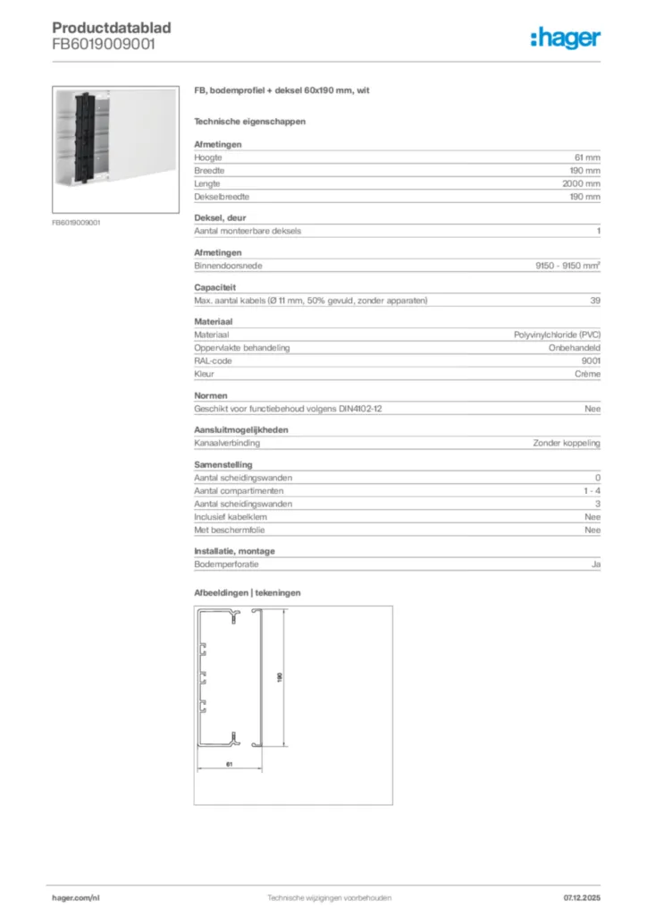 Afbeelding Hager Productdatablad FB6019009001 | Hager Nederland