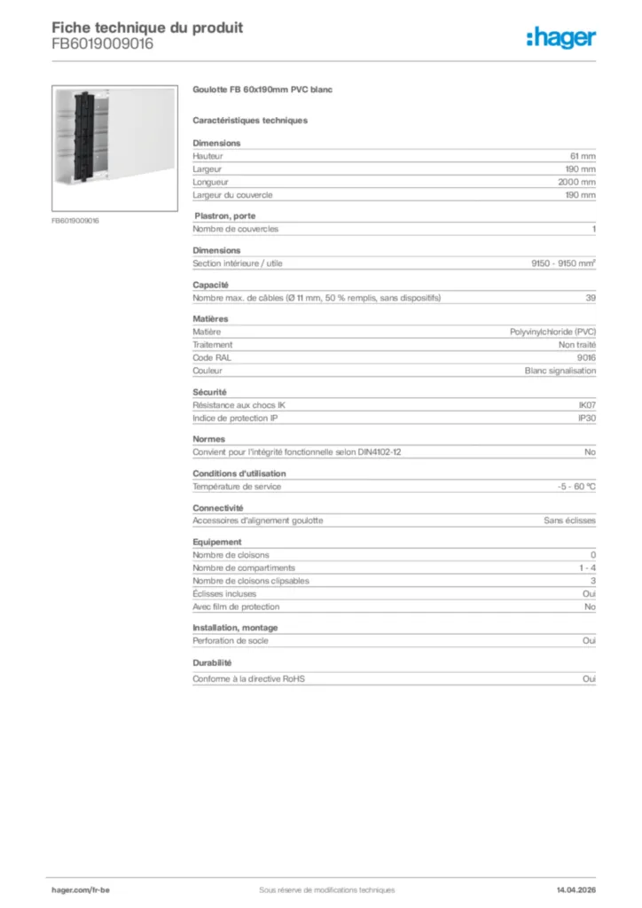 Image Hager Fiche technique du produit FB6019009016 | Hager Belgique