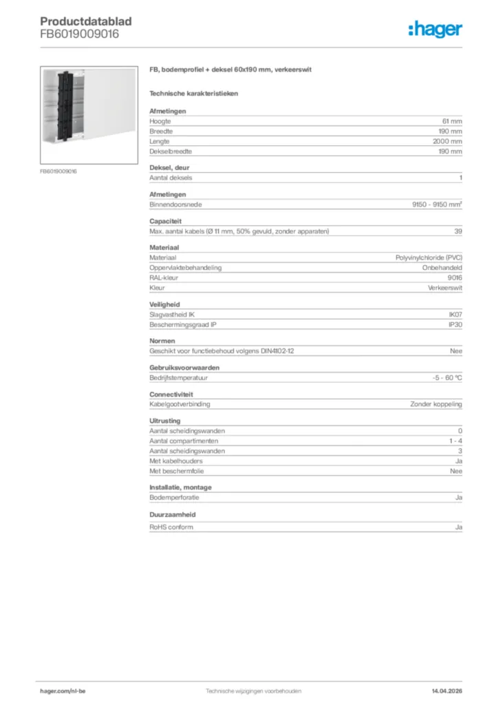 Afbeelding Hager Productdatablad FB6019009016 | Hager Belgium