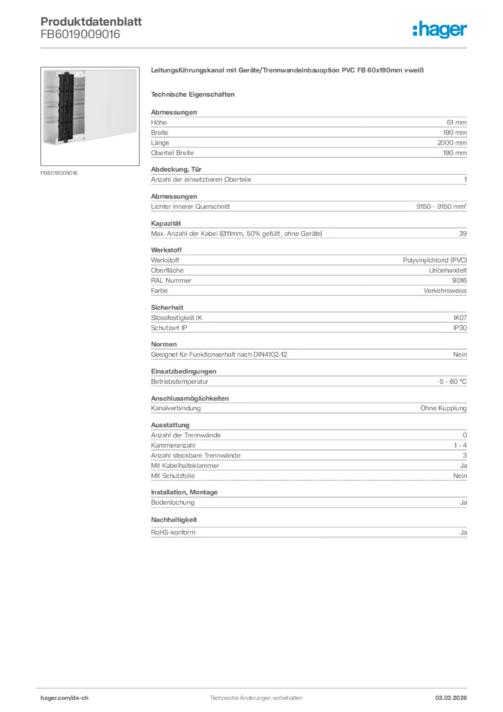 Bild Hager Produktdatenblatt FB6019009016 | Hager Schweiz
