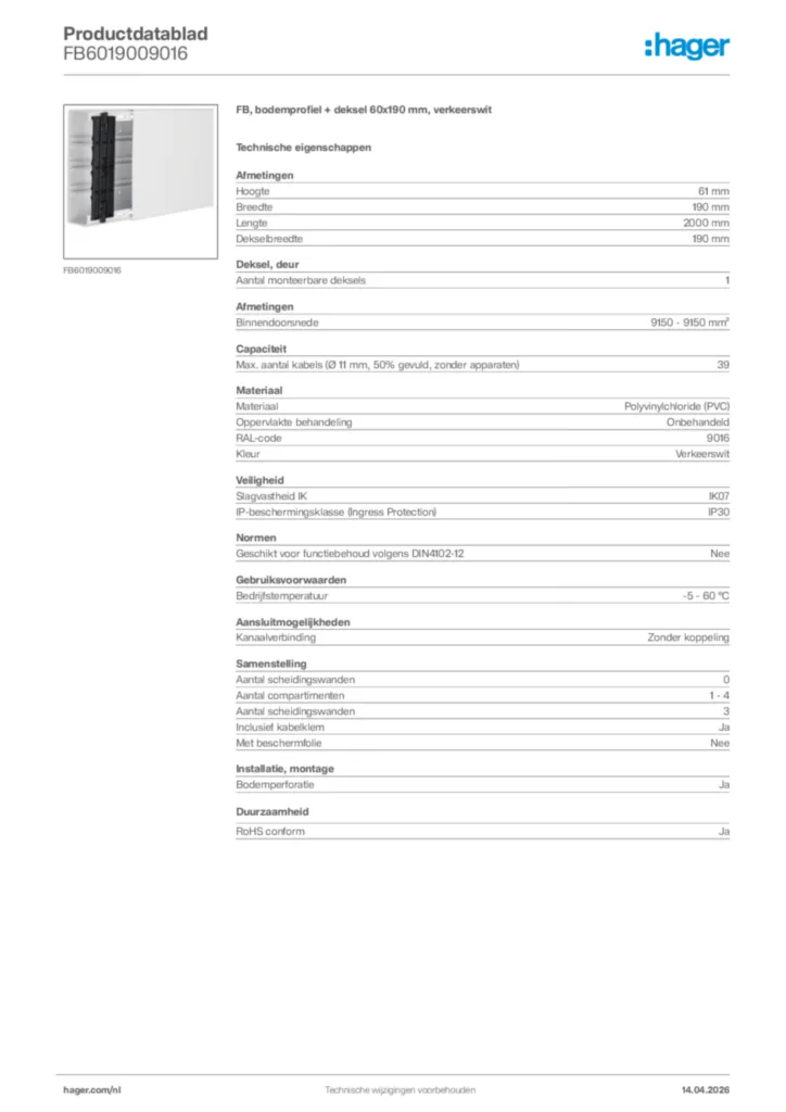 Afbeelding Hager Productdatablad FB6019009016 | Hager Nederland