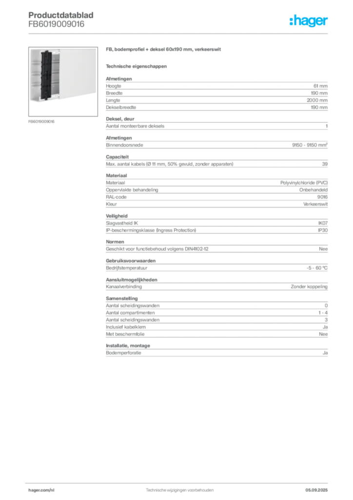 Afbeelding Hager Productdatablad FB6019009016 | Hager Nederland
